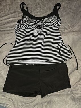 Black & White Striped Tankini with Black Swim Shorts